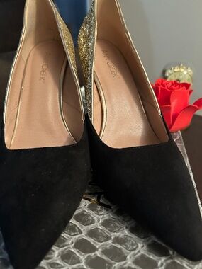 Black Suede & Gold Glitter Pointed-Toe Pumps